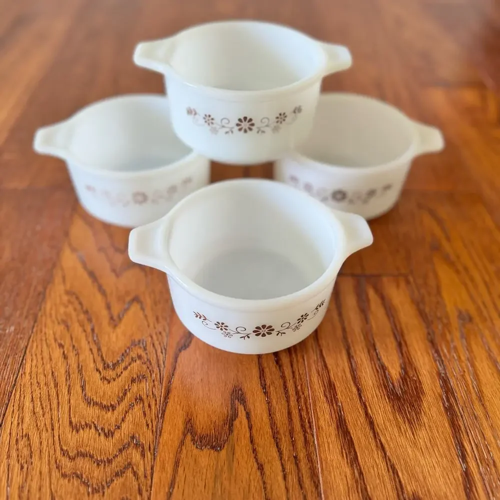 Dynaware Pyr-O-Rey Vintage Milk Glass Brown Daisy Casserole Bowl Dish Set of 4